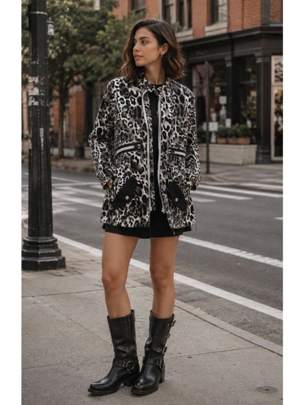 Sandro Leopard Print Multi-Pocket Hooded Jacket Black White Size 1 US 4 Animal